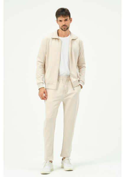 Erkek Yakalı Önü Fermuarlı Düz Paça Eşofman Takım 8701 Bej modelleri