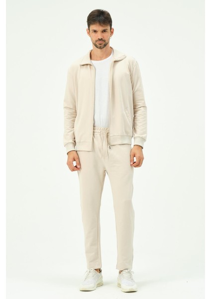 Erkek Yakalı Önü Fermuarlı Düz Paça Eşofman Takım 8701 Bej fırsatları