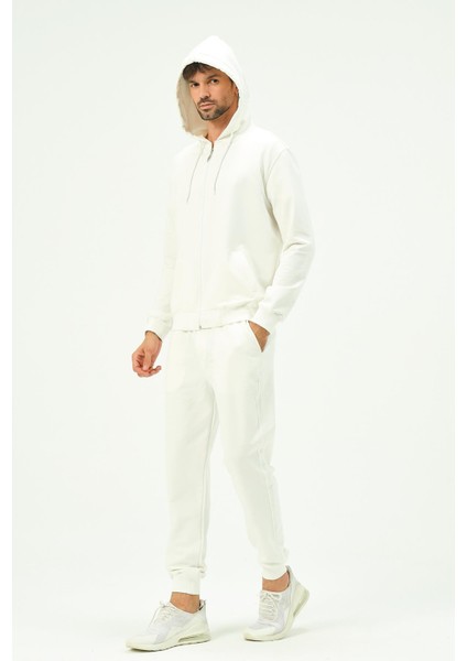 Erkek Kapüşonlu Önü Fermuarlı Manşetli Paça Eşofman Takım 8702 Ekru modelleri