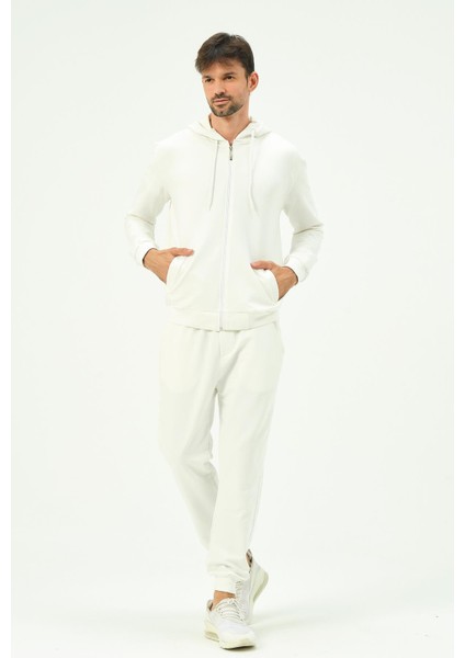 Erkek Kapüşonlu Önü Fermuarlı Manşetli Paça Eşofman Takım 8702 Ekru fırsatları