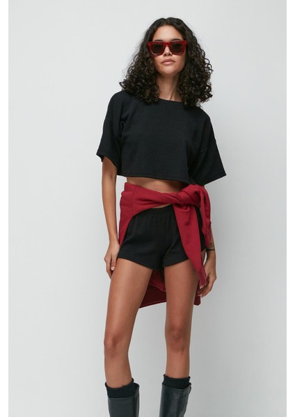 Fitilli Kısa Kol T-Shirt Şort Takım 9137 Siyah fiyatları