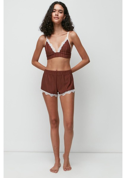 Dantel Detay Bralet Şort Takım 9142 Kahve