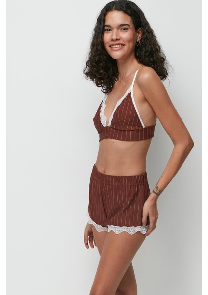 Dantel Detay Bralet Şort Takım 9142 Kahve