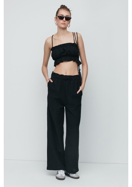 Organik Pamuk Müslin Crop Büstiyer Pantolon Takım 9124 Siyah