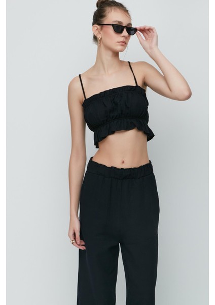 Organik Pamuk Müslin Crop Büstiyer Pantolon Takım 9124 Siyah fiyatları