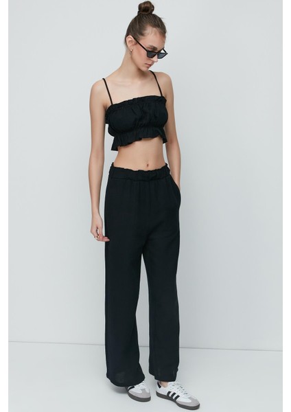 Organik Pamuk Müslin Crop Büstiyer Pantolon Takım 9124 Siyah modelleri
