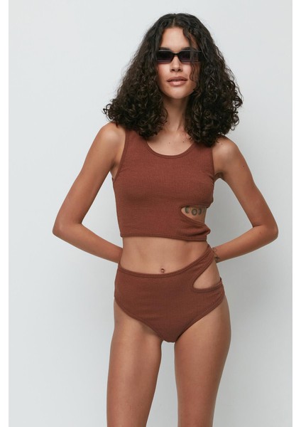 Fitilli Dekolte Crop Külot Takım 9135 Kahve