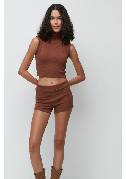 Fitilli Balıkçı Yaka Kolsuz T-Shirt Şort Takım 9134 Kahve modelleri
