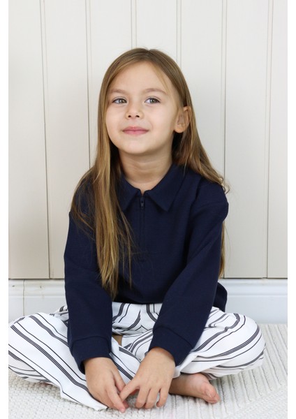 Uzun Kollu Fermuarlı Sweat Çizgili Pantolon Takım Lacivert