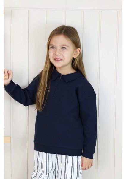 Uzun Kollu Fermuarlı Sweat Çizgili Pantolon Takım Lacivert modelleri