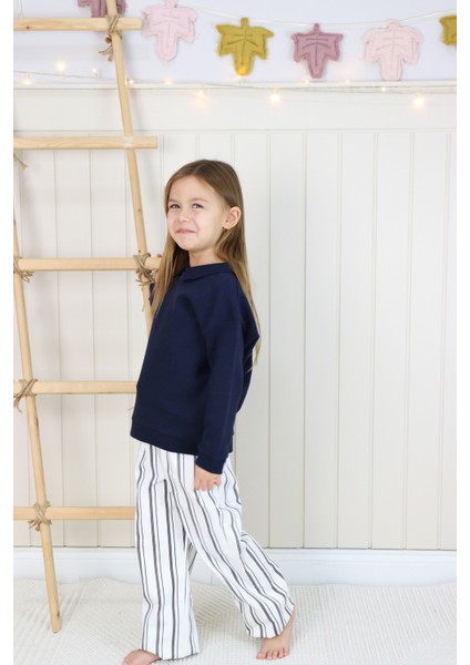 Uzun Kollu Fermuarlı Sweat Çizgili Pantolon Takım Lacivert fiyatları