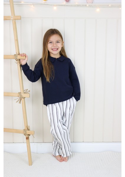 Uzun Kollu Fermuarlı Sweat Çizgili Pantolon Takım Lacivert indirimleri