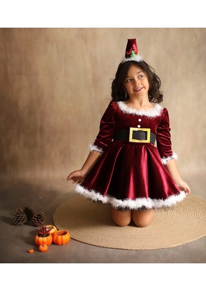 Kız Çocuk Kırmızı Yılbaşı Kostümü Noel Elbisesi