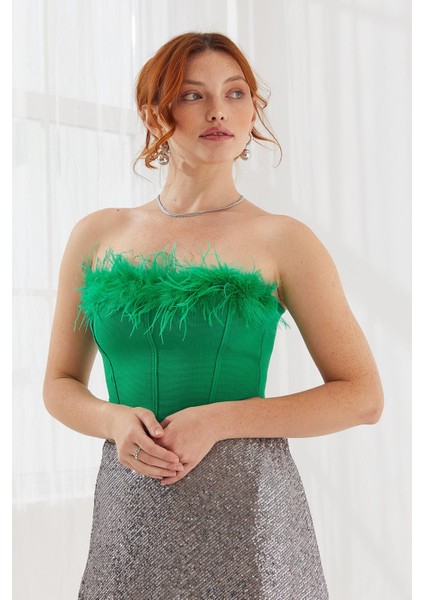 Tüy Detaylı Crop Yeşil Kadin Triko
