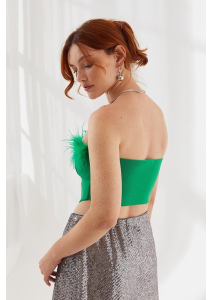 Tüy Detaylı Crop Yeşil Kadin Triko modelleri