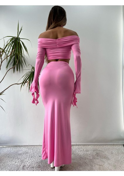 Pembe Flare Uzun Kollu Omuz Dekolteli Çiçek Detaylı Maxi Elbise