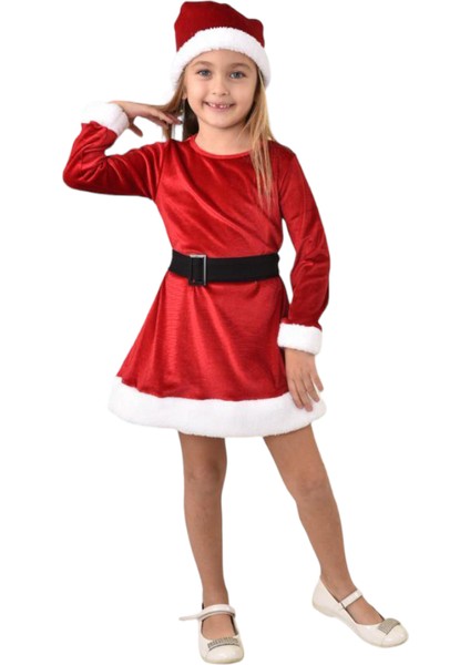 Yeni Sezon Yılbaşı Elbise Kukuleta Kemer 3 Parçalı Takım Noel Elbise Kırmızı Kadife
