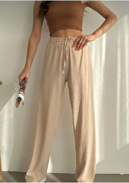 Gofre Kumaş Beli Lastikli Bol Paça Pantolon