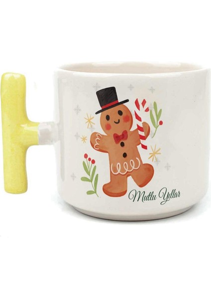 Mutlu Yıllar Kurabiye Adam Baskılı Sarı Kulplu T Yılbaşı Kupası