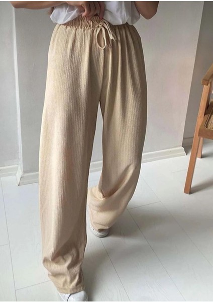 Gofre Kumaş Beli Lastikli Bol Paça Pantolon