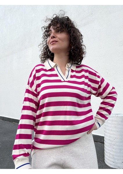 Çizgili Gömlek Yaka Triko Kazak