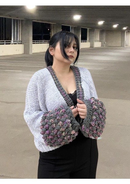 Tasarım El Yapımı Balon Kol Oversize Crop Örgü Hırka Ceket