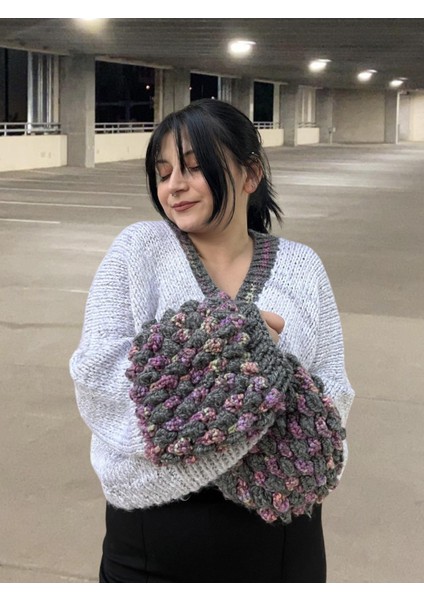 Tasarım El Yapımı Balon Kol Oversize Crop Örgü Hırka Ceket