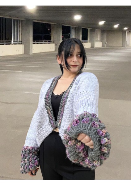 Tasarım El Yapımı Balon Kol Oversize Crop Örgü Hırka Ceket