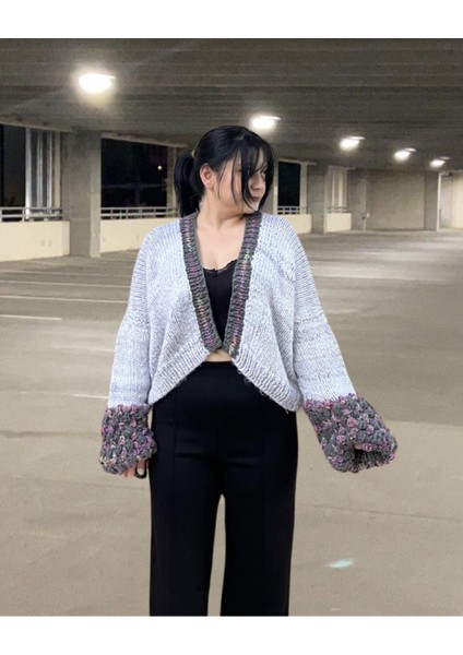 Tasarım El Yapımı Balon Kol Oversize Crop Örgü Hırka Ceket