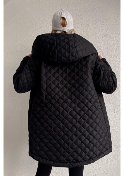 Oversize Kapitone Kapşonlu Fermuar ve Çıtçıt Kapama Ribana Kol Detaylı Elyaf Dolgulu Mont fırsatları