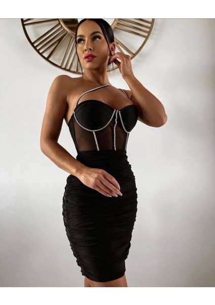 Ithal Full Likralı Sandy ve Tül Kumaş Taş Detaylı Mini Elbise