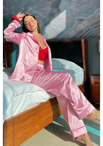 For You Sleepwear 5'li Bustiyerli Biyeli Pembe Saten Pijama Takımı