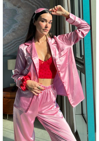 For You Sleepwear 5'li Bustiyerli Biyeli Pembe Saten Pijama Takımı