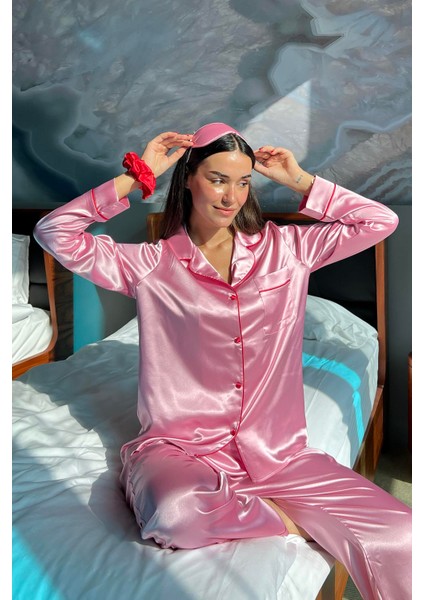 5'li Bustiyerli Biyeli Pembe Saten Pijama Takımı modelleri
