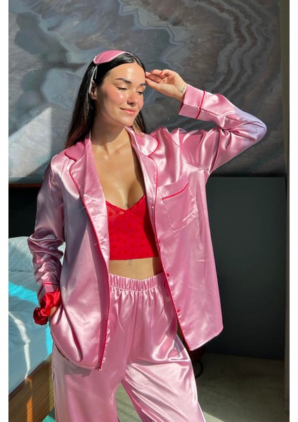5'li Bustiyerli Biyeli Pembe Saten Pijama Takımı indirimleri