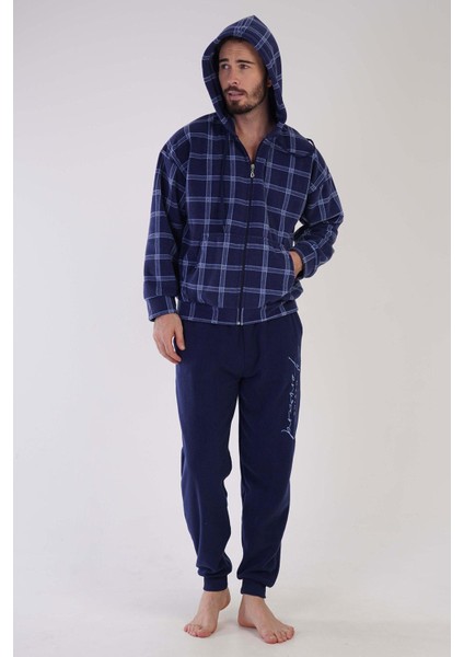 Man Lacivert Erkek Polar Kapuşonlu Uzun Kollu Pijama Takımı