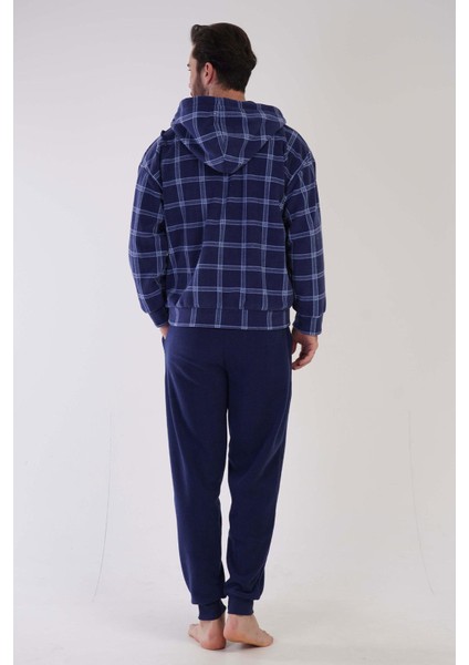 Man Lacivert Erkek Polar Kapuşonlu Uzun Kollu Pijama Takımı