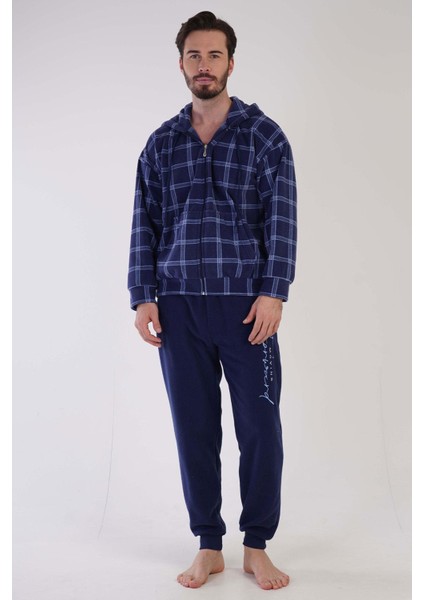 Man Lacivert Erkek Polar Kapuşonlu Uzun Kollu Pijama Takımı