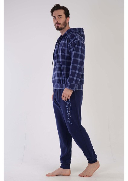 Man Lacivert Erkek Polar Kapuşonlu Uzun Kollu Pijama Takımı fırsatları