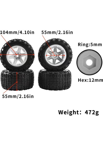 4 Adet 104MM 1/10 Canavar Kamyon Buggy Lastikleri Tekerlek 12MM Hex Traxxas Hsp Hpı Tamiya Kyosho Wltoys Yükseltme Parçaları, Siyah A (Yurt Dışından)