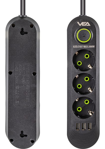 Vea VA-21557 3lü 1.5 Metre Kablolu 3 Usbli Siyah Akım Korumalı Priz