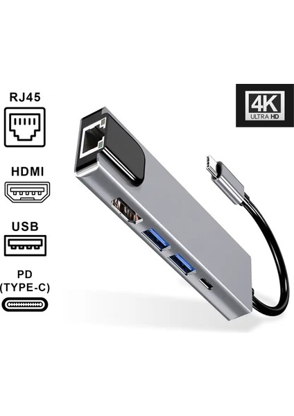 Fxn-5r Type-C To 2*usb 3.0 4K HDMI Ethernet RJ45 Pd Çevirici Dönüştürücü Hub Adaptör