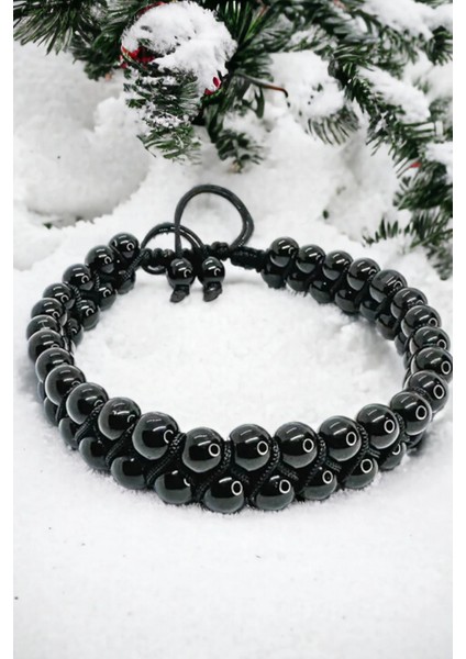 Obsidyen Siyah Makrome Örme 6 mm Unisex 52OBSIDYENMKRO Doğal Taş Bileklik