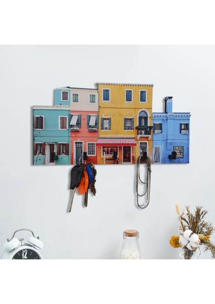 Renkli Ev Desenli Ahşap Anahtarlık Hol Antre Anahtar Askı fiyatları