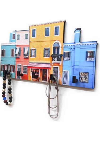 Renkli Ev Desenli Ahşap Anahtarlık Hol Antre Anahtar Askı modelleri