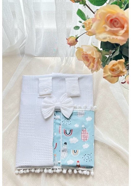 Bebek %100 Pamuk Poplin Waffle Puset Örtüsü- Gökkuşağı Desenli