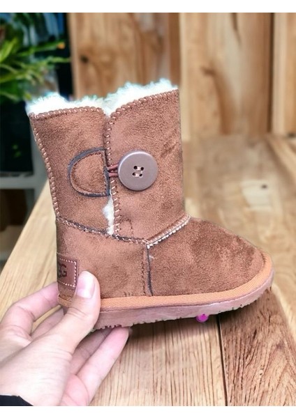 Çocuk Taba Renk Düğmeli Içi Yünlü Süet Bot