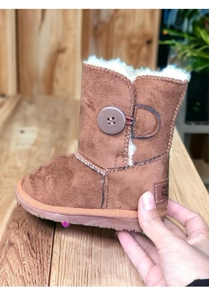 Çocuk Taba Renk Düğmeli Içi Yünlü Süet Bot