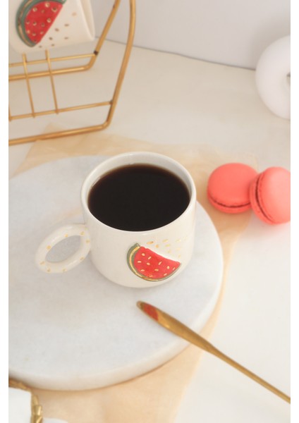 El Yapımı Karpuz Figürlü 24K Altın Dekorlu Seramik Mug 200ML