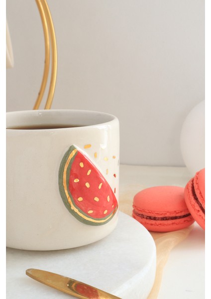 El Yapımı Karpuz Figürlü 24K Altın Dekorlu Seramik Mug 200ML